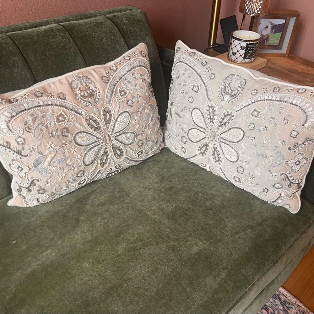 NOBLE EXCELLENCE® Two Embroidered Jeweled Tan Cream & Silver Decorative Pillows - Picture 8 of 15